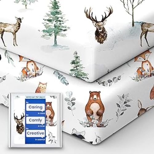Crib Sheet Netural, Premium Soft Jersey Knit Fitted Crib Sheet, Crib Mattress Sheet, 28''x52''x9'' Extra Deep Pocket (Deer & Bear)