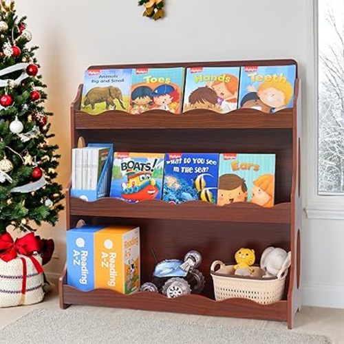 Kids Book Shelf Wooden Montessori Bookshelf Dutch Design 3Tier Scalloped,WalnutWood Pattern