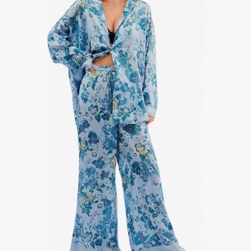 Women's 2-Piece Satin Pajama Set Floral Silk Sleepwear Set Soft Printed Oversized Pajama Lightweight Breathable Pjs