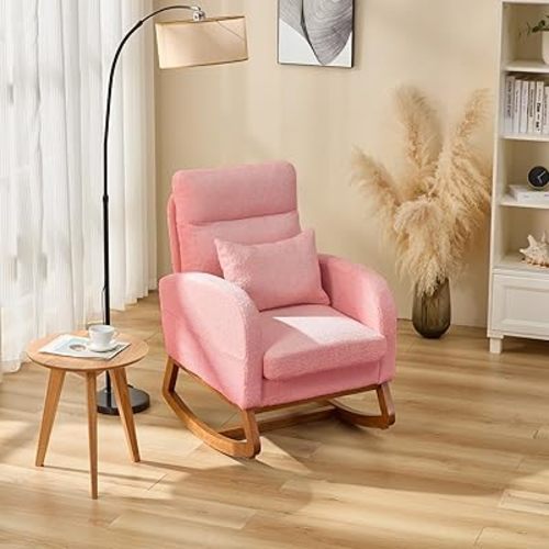 EROMMY Nursery Rocking Chair,Comfortable Upholstered High-Back Rocking Chair Nursery with Side Storage Pocket & Sturdy Rubber Wood Legs, Perfect for Breastfeeding & Living Room,Teddy Pink