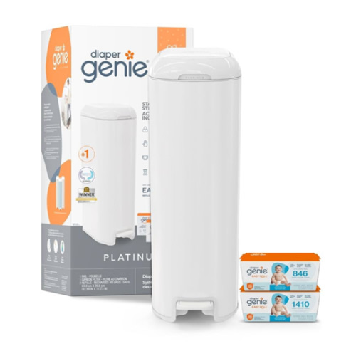 Diaper Genie Platinum Pail Gift Set, Lily White, Made of Durable Stainless Steel and Includes 2 Easy Roll Refills with 18 Bags and 30 Bags