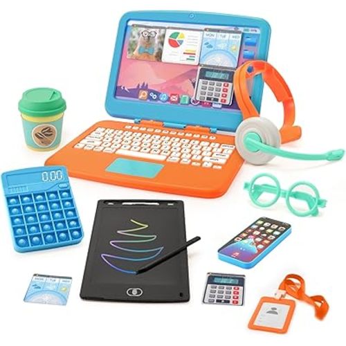 Pretend Play Home Office Toys for Kids 3-7, Toy Laptop Set for Role Playing Game, Working Home Playset for Boys and Girls