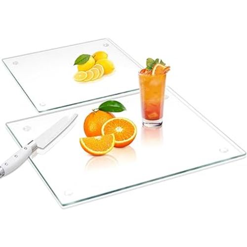 VASUHOME Tempered Glass Cutting Boards for Kitchen Counter - [2 Pack of 16x12 and 8x12 Inch] - Clear Cutting Board for Countertop - Scratch, Heat, Shatter Resistant and Easy to Clean