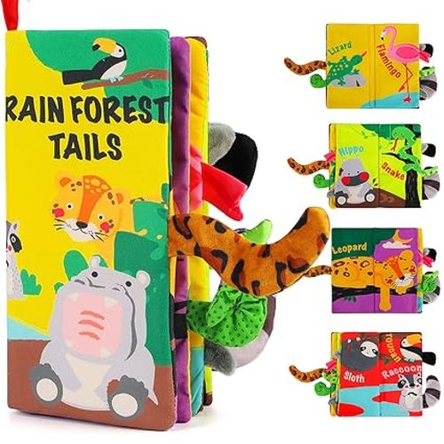 beiens Baby Books Toys, Touch and Feel Crinkle Cloth Books for Babies, Infants & Toddler, Early Development Interactive Car & Stroller Soft Toys for Boys & Girls (Rainforest Tails-1 Book)