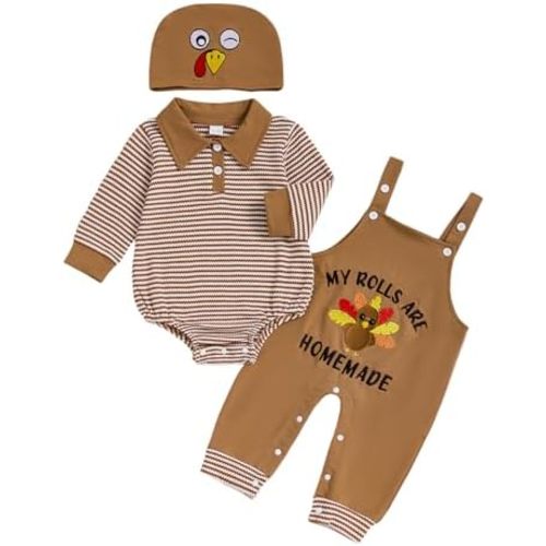 BeQeuewll Baby Boy My First Thanksgiving Outfit Infant Polo Romper Turkey Embroidery Overalls Pants Set Newborn Thanksgiving