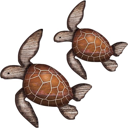 Roowest 2 Sizes Wooden Sea Turtle Wall Decor Farmhouse Ocean Turtle wall art Beach Theme Vintage Coastal Hanging Decoration for Home Lake House Bathroom(Brown)