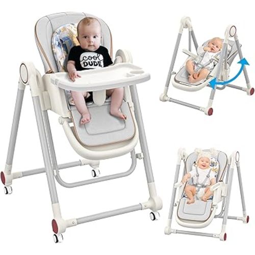 High Chairs for Babies and Toddlers, Foldable Baby High Chair with Wheels, 8 Adjustable Height & 6-Position Backrest, Portable Baby Swings for Infants with 5 Point Harness and Double Removable Tray