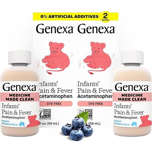 Genexa Infants’ Clean Pain & Fever Acetaminophen, Dye Free, 0% Artificial Additives, Delicious Organic Blueberry Flavor, Liquid Oral Suspension Medicine for Baby, 160 mg per 5mL, 4 fl oz (2 Pack)