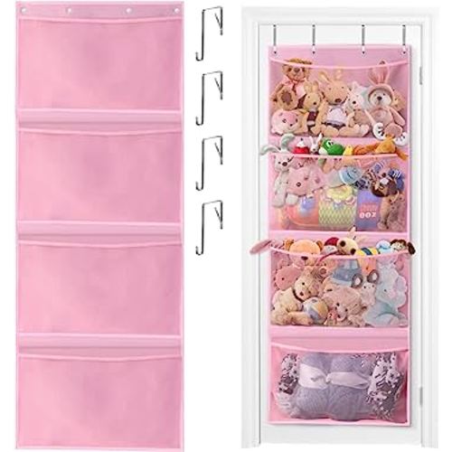Stuffed Animal Storage,Over The Door Organizer Storage for Storage Plush Toys,Baby Supplies and Other Soft Sundries,Breathable Hanging Large Capacity Toy Storage Pockets for Kids Room Bathroom (Pink)