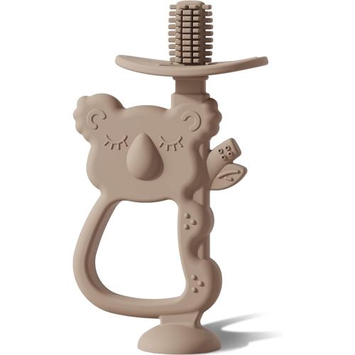 Moonkie Teething Toy, Safe & Easy to Hold BPA Free Silicone Teethers, 360° Baby Toothbrush with Suction Base, Teether Toys Best for Babies 6-12 Months (Koala Warm Taupe)