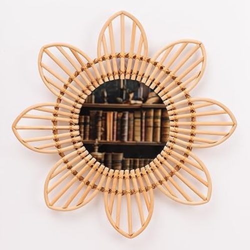Mounted Mirror, 8 Petals Flower Wicker Rattan Decorative Mirrors for Living Room Bedroom Office (Medium - D19.68 Inches)
