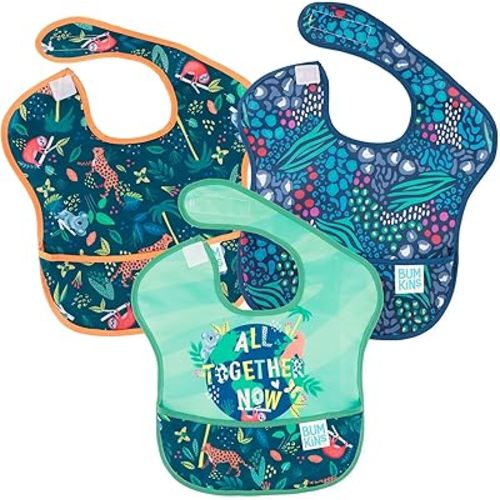 Bumkins Bibs for Girl or Boy, SuperBib Baby and Toddler for 6-24 Months, Essential Must Have for Eating, Feeding, Baby Led Weaning Supplies, Mess Saving, 3-pk Hangry, Dinosaurs, and Blue Tropic