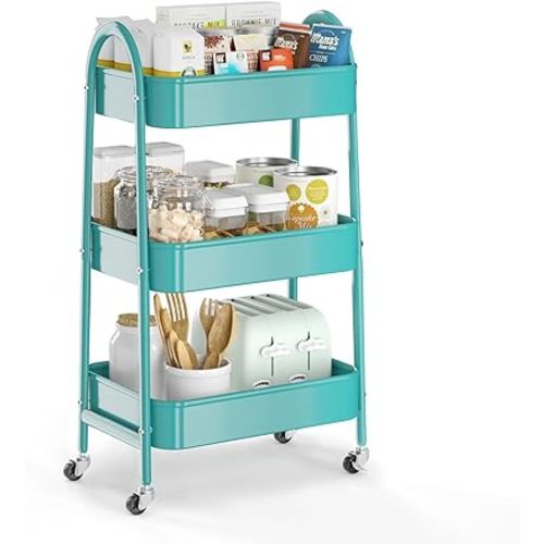 EAGMAK 3 Tier Utility Rolling Cart, Metal Storage Cart with Handle and Lockable Wheels, Multifunctional Storage Organizer Trolley with Mesh Baskets for Kitchen, Living Room, Office, Garage (Turquoise)