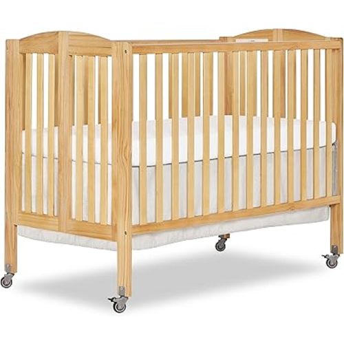 Dream On Me Full-Size 2-in-1 Folding Baby Crib in Natural, GreenGuard Gold & BSA, Portable, Patented Quick Folding System, Strong Wheels, 2 Adjustable Mattress Heights