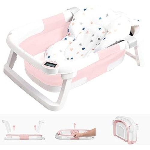 Collapsible Baby Bathtub,Baby Bath Tub with Soft Cushion & Thermometer,Baby Bathtub Newborn to Toddler 0-36 Months,Portable Travel Baby Tub (Pink, Bath Tub Pro)