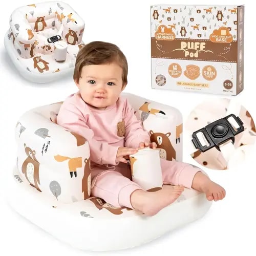 Premium Inflatable Baby Seat with Built-in Pump – Baby Sit Up Chair for Infants 3-36 Months, Blow Up Chair with Safety Harness and Non-Slip Base, Portable Inflatable Seat for Travel
