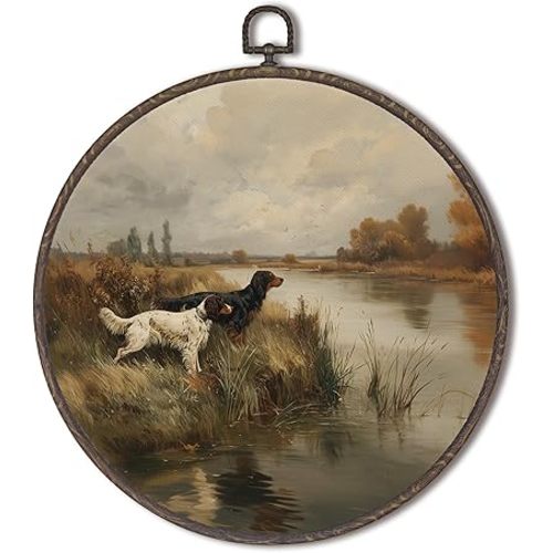 XNXLDYLH Vintage Hunting Dog Round Framed Wall Art Decor, Rustic Antique Cottage Core Cabin Hanging Home Wall Decor Decorations, Retro Fall Country Landscape Canvas Prints Wall Art Paintings, 10x10 In