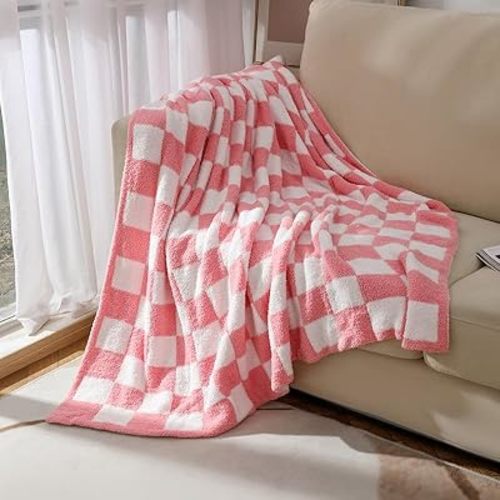 Checkered Throw Blanket Soft Throw Blanket for Couch Bed Sofa Luxurious Warm and Cozy for All Seasons(Pink and White, 51"x63")