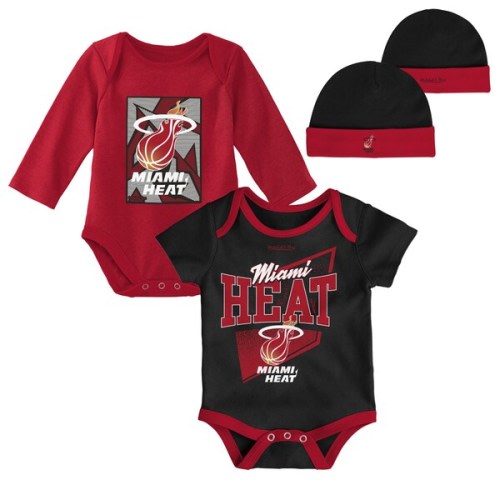 Infant Miami Heat Mitchell & Ness Black/Red Hardwood Classics Bodysuits & Cuffed Knit Hat Set