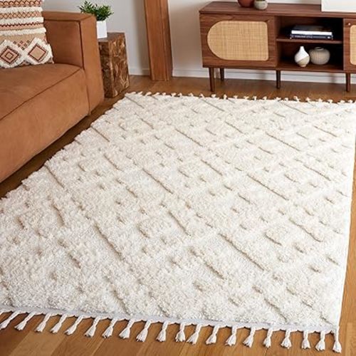 Safavieh Moroccan Tassel Shag Collection Area Rug - 6'7" x 9'2", Ivory, Contemporary Design, Ideal for High Traffic Areas in Living Room, Bedroom & Dining Room (MTS688C-6)