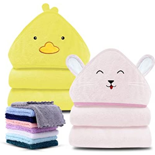 Cute Castle 2 Pack Hooded Baby Towel Rayon Made from Bamboo with 8 Washcloths - Soft Bath Towel for Bathtub for Babie, Newborn, Infant, Natural Baby Stuff Towel (Duck and Rabbit)