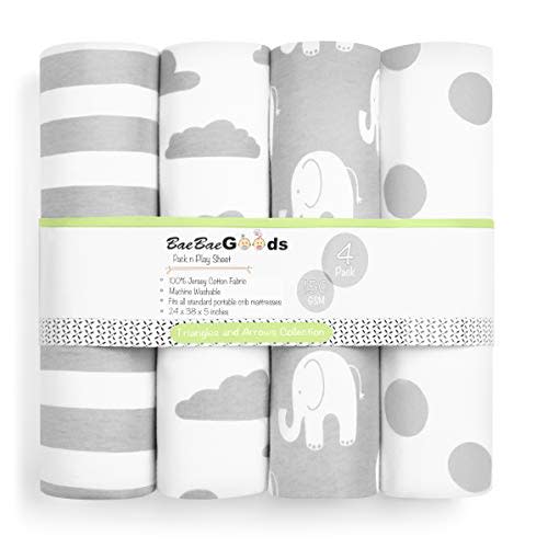 Pack n Play Sheets – Premium Pack and Play Sheets 4 Pack – 100% Super Soft Jersey Knit Cotton Playard Mattress Sheets – Portable Playpen Fitted Play Yard Mini Crib Sheet For Boy & Girl (24 x 38 x 5)