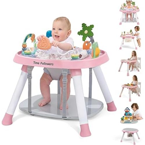 Time Followers® 6-in-1 Baby Activity Center | 4 Stage Montessori-Inspired Design | Grow Stationary Standing Toddler Table | Jumpers & Bouncers | Must Have for Boy & Girl 6, 12, 24+ Month Old (Pink)