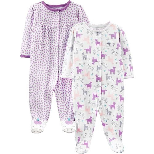 Simple Joys by Carter's Baby Girls' 2-Pack Cotton Snap Footed Sleep and Play - Newborn - Purple Dots/White Unicorn