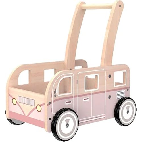 Wooden Baby Walker,Push Walker Bus for Boys and Girls, Stand & Learn Push Walker for Toddlers 1-3 Years Old Pink