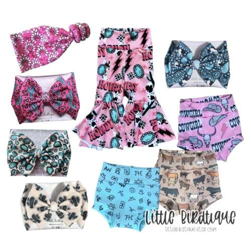 Western Newborn Baby Infant Toddler Bow Headwrap Top Knot Messy Wrap Rose Knot Bummies Bell Bottoms Separates