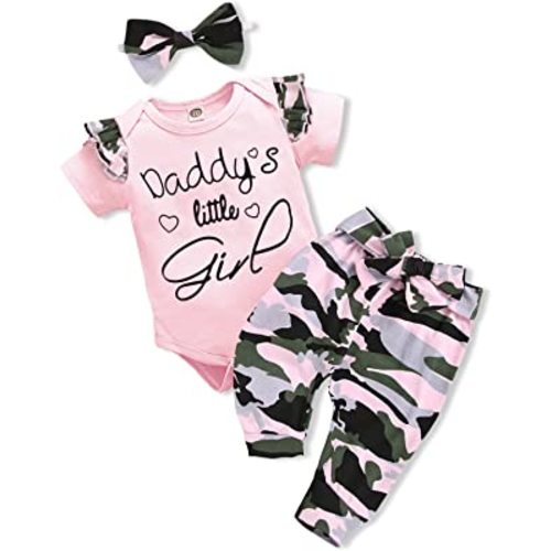 AMAWMW Baby Girl Clothes Set Daddys Little Girl Ruffle Romper Top Camouflage Pants Newborn Infant Baby Girl Outfit