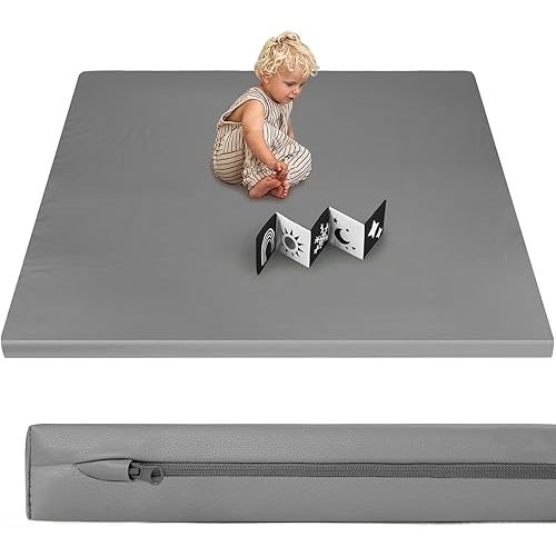 Baby Play Mat 50x50 Thicken Foam Cushioned & Waterproof Playpen Mat with Baby Book, 1.3" Thick Non-Toxic Cushioned, Waterproof Soft Crawling Mat for Infants and Toddlers, Wipe-Clean Playmat, Grey