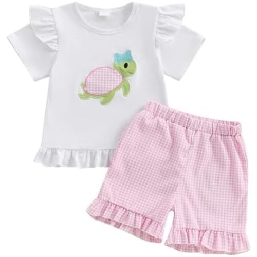 Toddler Baby Girl 2PCS Turtle Embroidered Short Sleeve Tops Elastic Waist Shorts Outfits Set