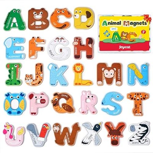 JoyCat Wooden Thick Alphabet Magnets for Toddlers Fridge Large Size Cute Animal Colorful ABC Magnetic Letters 26 Uppercase Letters Educational Toy Set for Kids Toddlers Preschool Learning Spelling