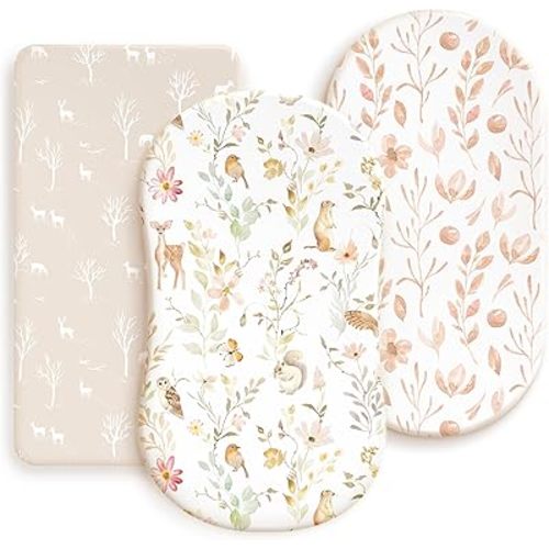 GRSSDER Stretchy Ultra Soft Fitted Bassinet Sheets 3 Pack, Universal Fit for Baby Cradle Moses Basket Oval Rectangle Mattress Safe and Snug, Beautiful Blush Pink Floral Bassinet Sheet for Girls