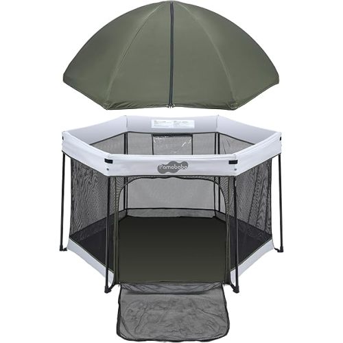 Pamo Babe Pop UP Playpen with Sun Protection Canopy - Play Yard for Babies and Toddlers - Baby Tent with Zipper Gate, Green