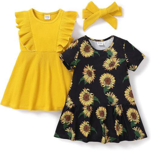 PATPAT Baby Toddler Girl Dresses Infant Ruffle & Short Sleeveless 2 Pack Summer Dress Casual Party Dress