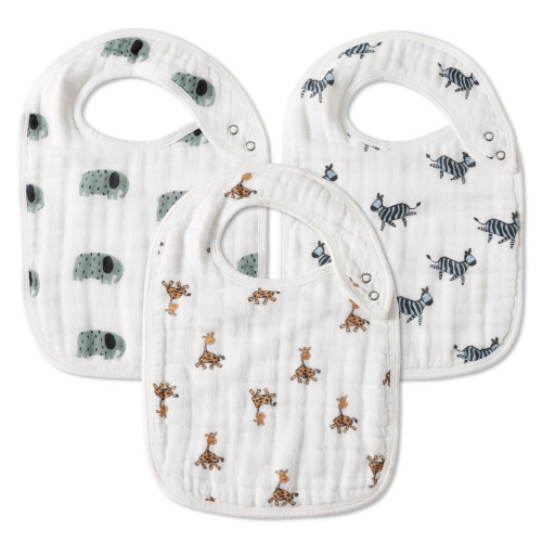 Gllquen Baby Snap Muslin Bibs for Boys & Girls, 3-Pack Baby Bibs for Infants, Newborns and Toddlers, 100% Cotton Muslin Absorbent & Soft Layers, Adjustable Snaps, Animal Party