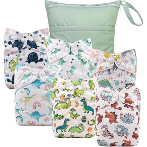 babygoal Cloth Diaper Covers 6 Pack with Wet Bag for Fitted Diapers and Prefolds with Double Gussets, Adjustable and Reusable for Baby Boys and Girls 6DCF11-B