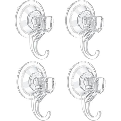 VIS'V Suction Cup Hooks, Small Clear Shower Suction Hooks Heavy Duty Vacuum Suction Cups with Hooks Removable Reusable Bathroom Suction Hooks for Tile Wall Window Glass Door 4 Pcs