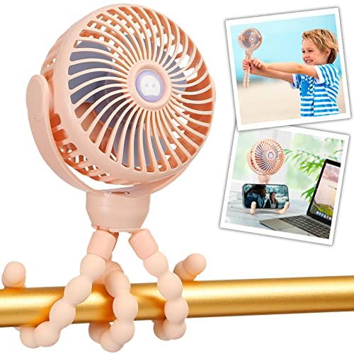 snawowo Mini Portable Baby Stroller Fan, Battery Operated Clip on Fan, Rechargeable 360° Rotate Flexible Tripod Handheld Cooling for Car Seat Crib Treadmill Travel（Pink）