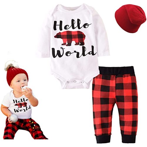 Unutiylo Baby Boys Clothes 0-18 Months Newborn Outfits Preemie Romper with Pants Hats - Hello World - 0-3 Months