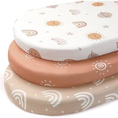 Baby Bassinet Sheets, 3 Pack Fitted Bassinet Mattress Sheets, Compatible with Halo Bassinest Swivel Sleeper & Oval Hourglass Rectangle Mattress, Ultra Soft Orange Sun Rainbow