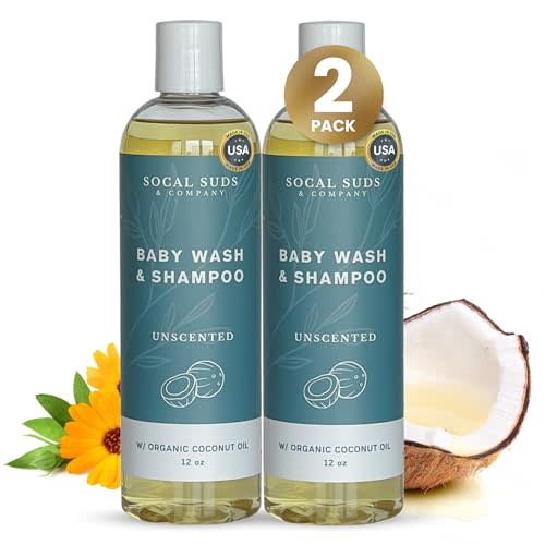 SoCal Suds & Company Baby Shampoo & Body Wash, 2-in-1 Organic Gel - Gentle Castile Soap with Vitamin-Infused Oils & Botanicals - Natural Care for Sensitive Skin Hypoallergenic - 12oz Unscented 2-Pack