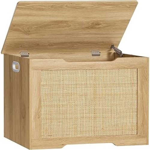 usikey 29.5” Storage Chest, Rattan Storage Bench with Storage, Toy Box with 2 Safety Hinges, Wood Rattan Bench for bedroom, Shoe Bench, Supports 220 lb, for Living Room, Entryway, Natural