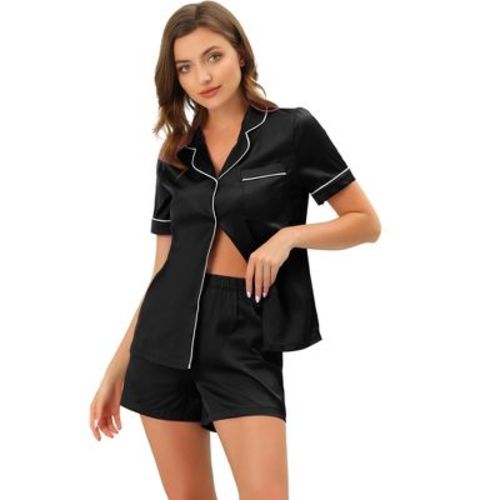 cheibear Women's Silky Satin Button Down Shirt with Shorts Sleepwear Pajama Sets