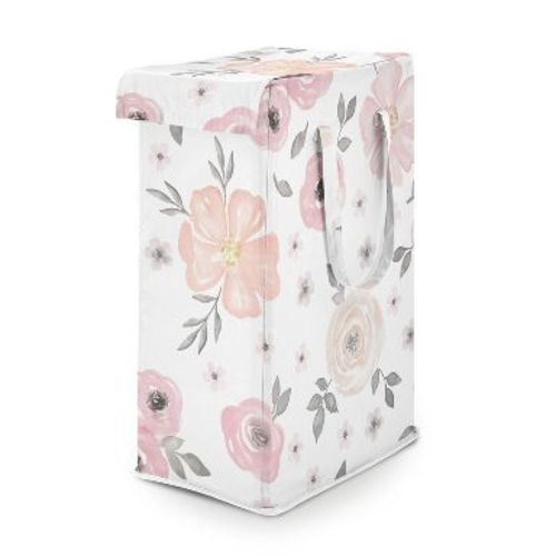 Sweet Jojo Designs Girl Foldable Laundry Hamper with Handles Watercolor Floral Pink and Grey