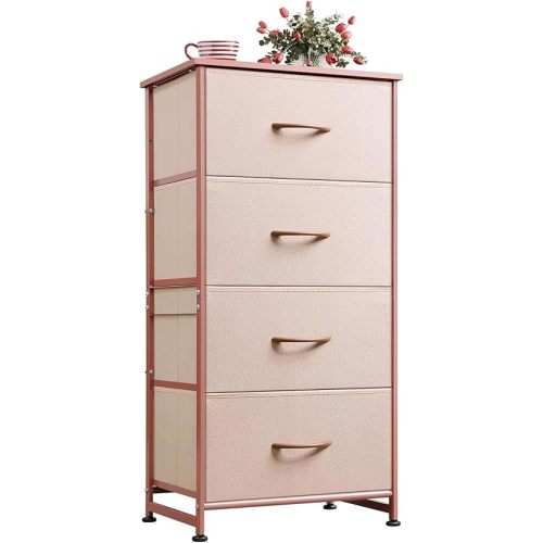 WLIVE 4 Drawers Dresser for Bedroom, Pink Rose Gold Fabric Clothes Storage Organizer Unit, Dresser for Hallway, Entryway, Closets, Sturdy Steel Frame, Wood Top