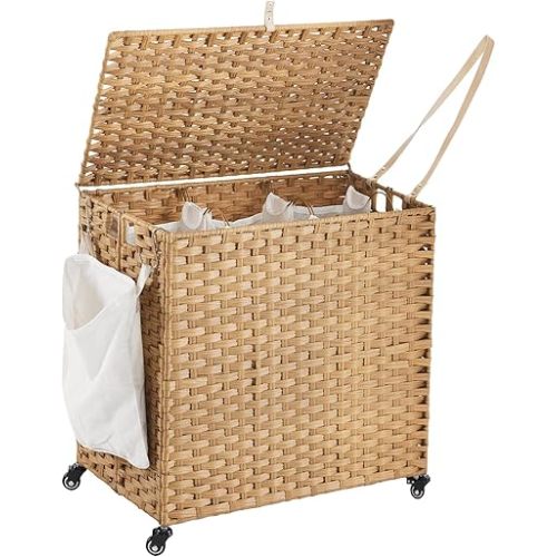 Laundry Hamper with Wheels, 39.6 Gallon(150L) Rolling Laundry Basket with Lid, 3-Section Rattan Clothes Hamper with 3 Removable Liner & 3 Mesh Bags, Laundry Sorter with Side Pocket, Natural