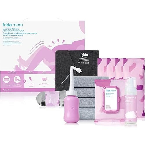 Frida Mom Labor, Delivery, & Postpartum Kit, Baby Shower Gifts, Socks, Peri Bottle, Nursing Gown, Disposable Underwear, Ice Maxi Pads, Pad Liners, Perineal Foam, Toiletry Bag (15pc Gift Set)